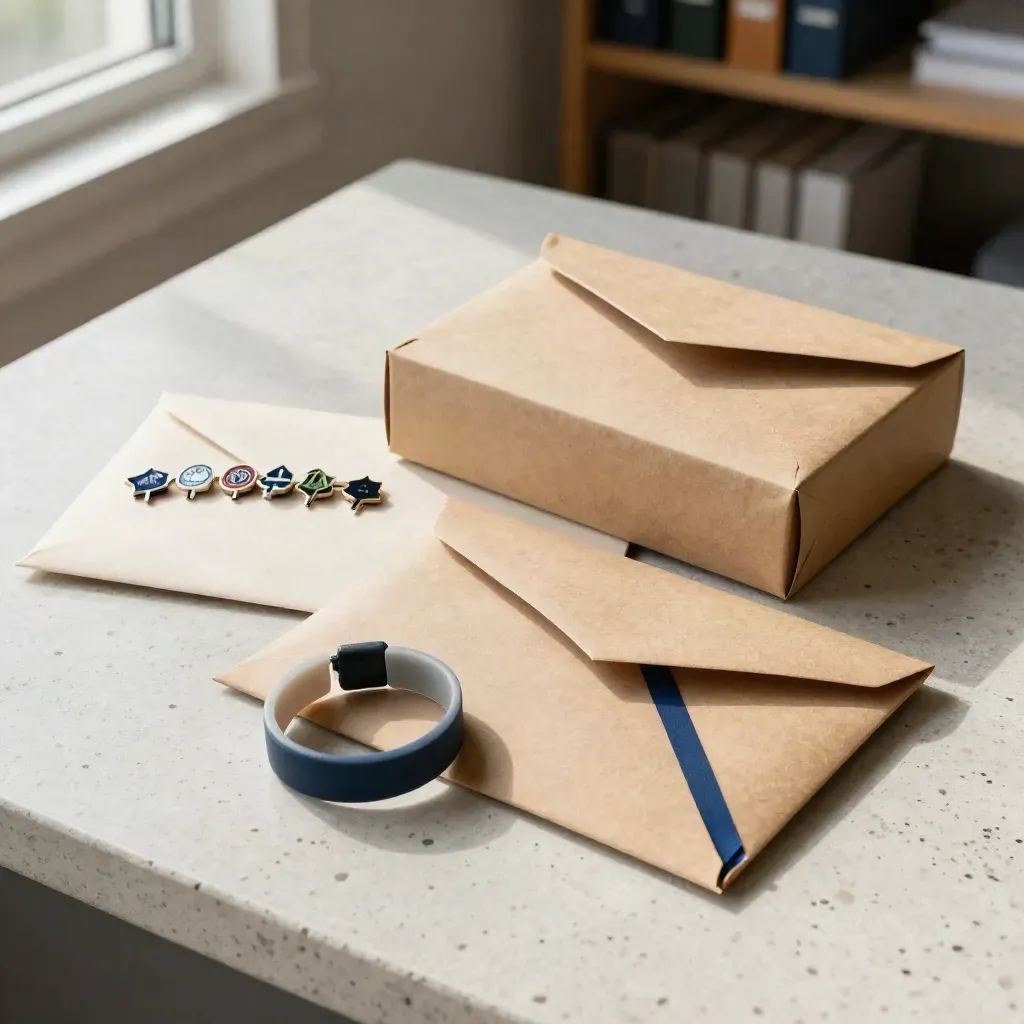 CSR activation kit with envelopes, pins, wristbands and a welcome pack on travertine concrete.