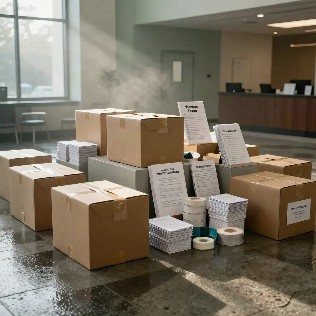 Rainy nonprofit lobby with donation boxes, ribbons and a volunteer signup stand in morning light.