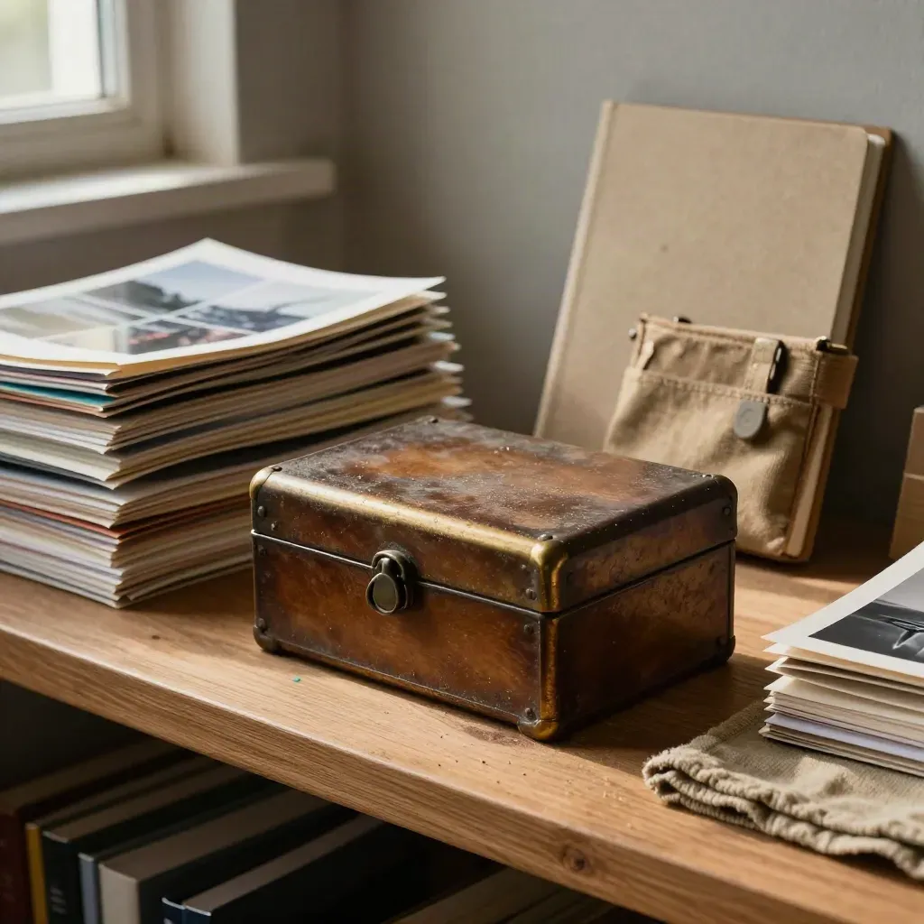 Archival keepsake box with photo prints, notebook, and recorder pouch on a dusty oak shelf.
