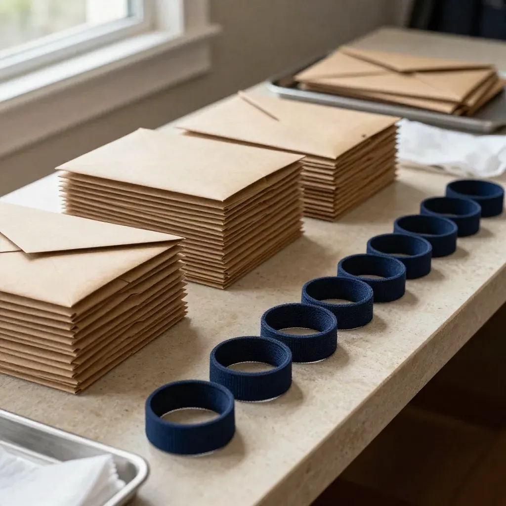 Boxed giving-day kits and navy wristbands lined up on a pale stone credenza.
