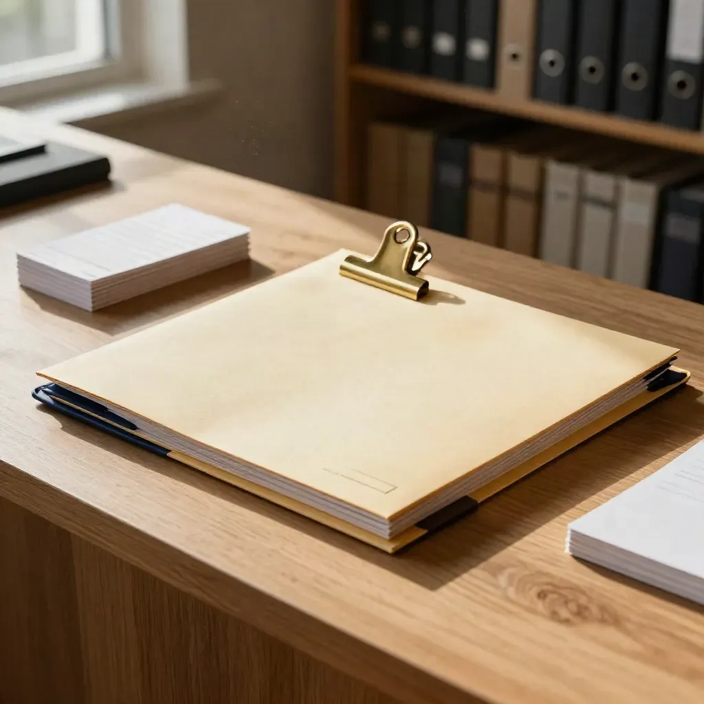 Grant packet still life with navy tabs, brass clip and index cards on a sunlit oak counter.
