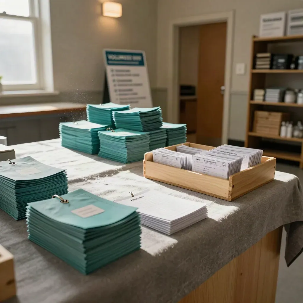 Volunteer check-in station stocked with lanyards, tags and supplies in a quiet hall.