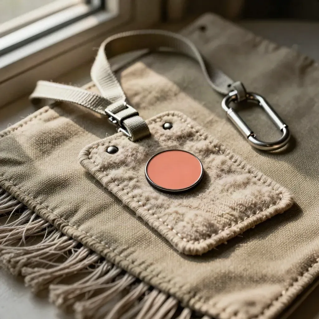Close-up of a woven lanyard, enamel pin, carabiner and badge holder on a canvas kit.