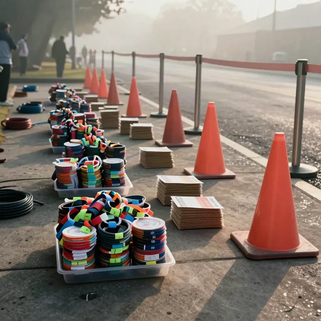 Sold-out event registration area with wristbands, cones, route markers and bib packets in dawn haze.