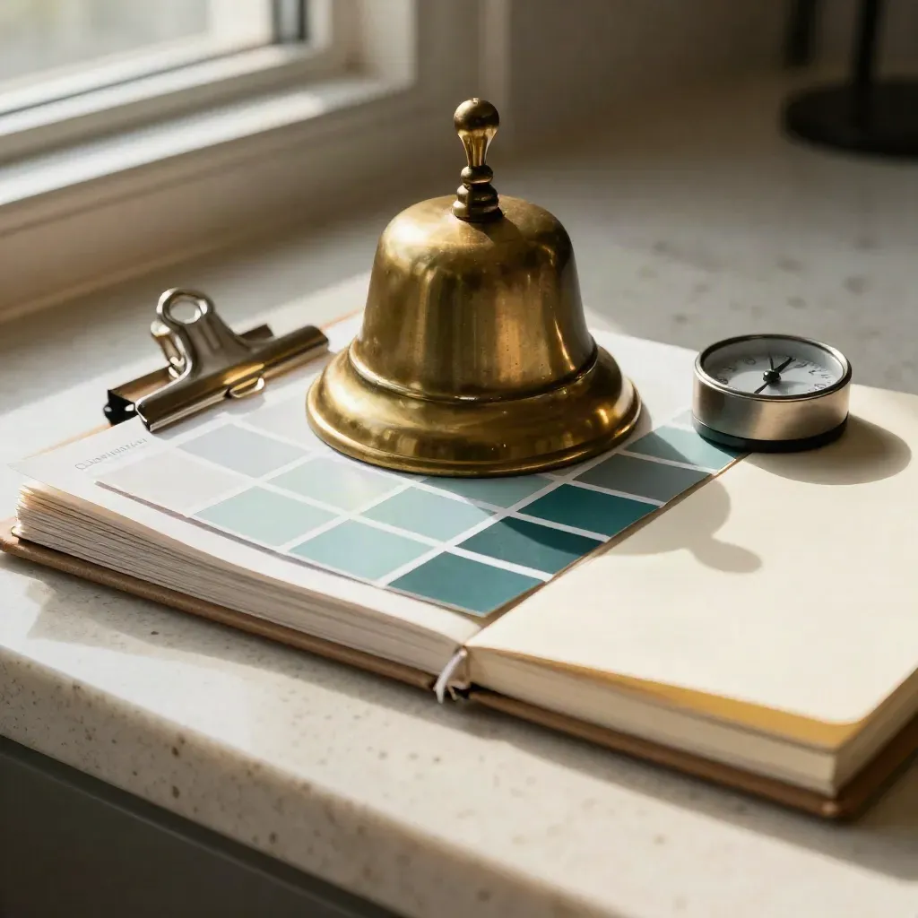 Brass schedule bell with swatches, timer and closed notebook on pale travertine