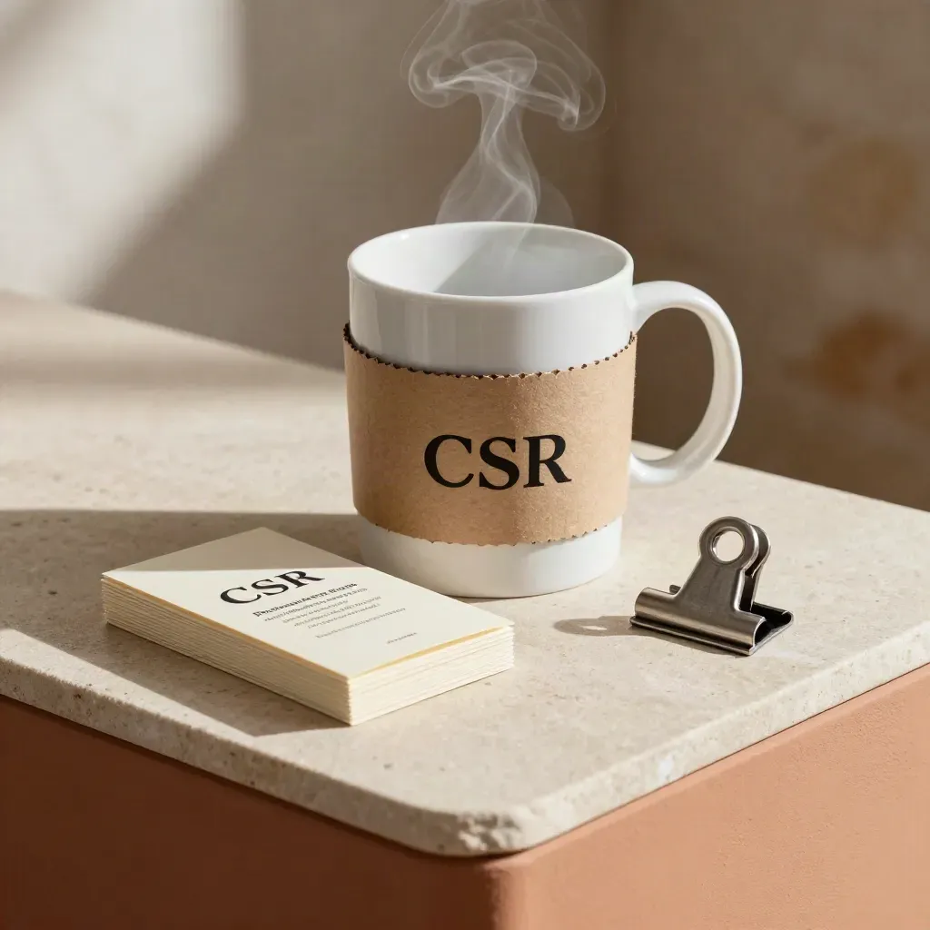 Steam rising from a ceramic mug beside paper sleeves, pledge cards and a metal clip on stone.