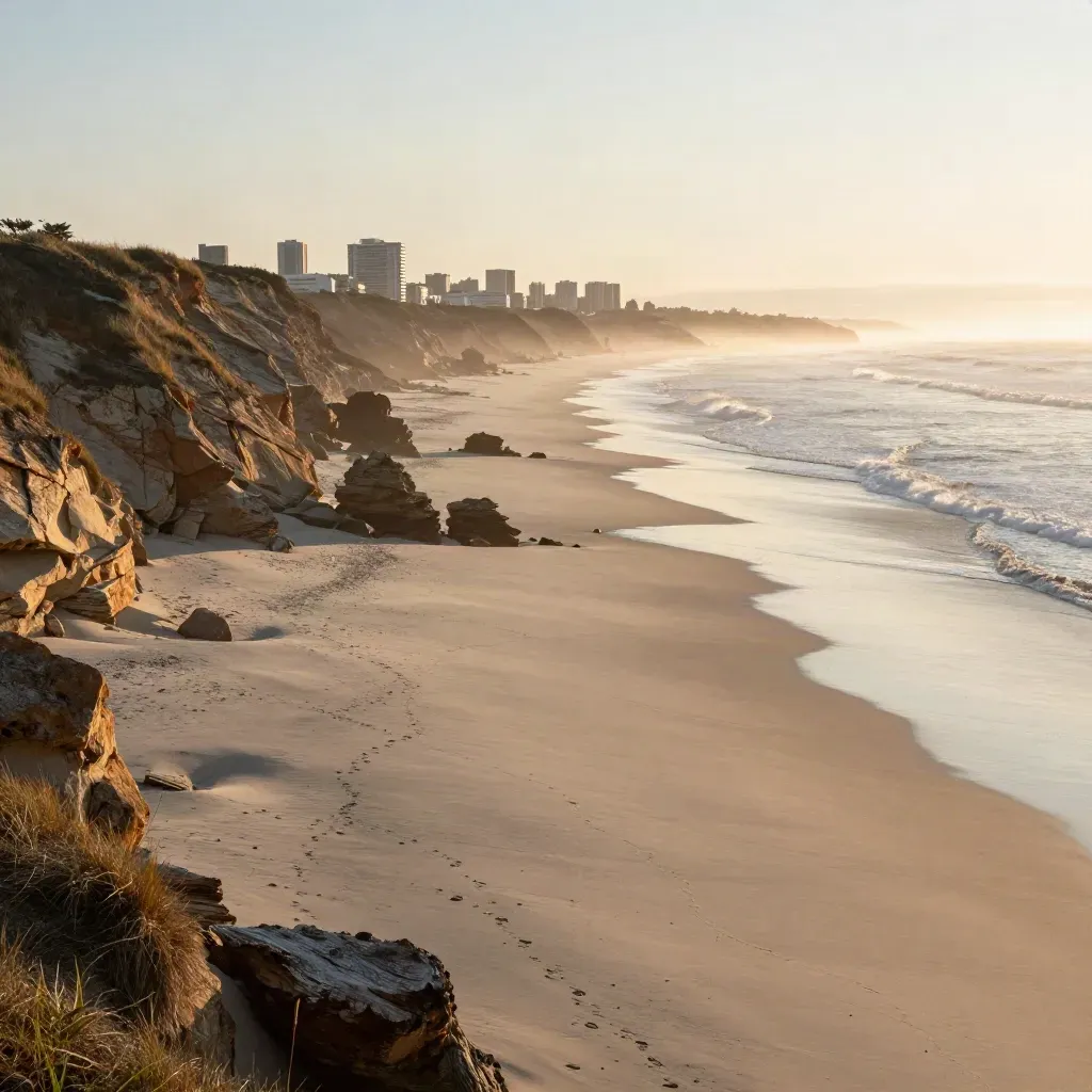 Golden coastal bluffs, low skyline and pale empty beach under warm sunset haze.