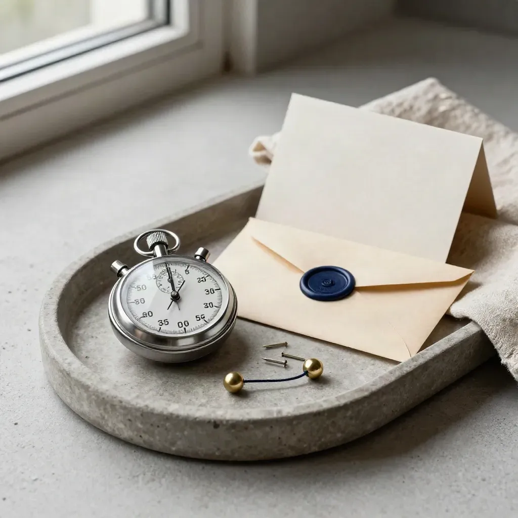 Stone tray still life with stopwatch, sealed envelope, pushpins and brass bead