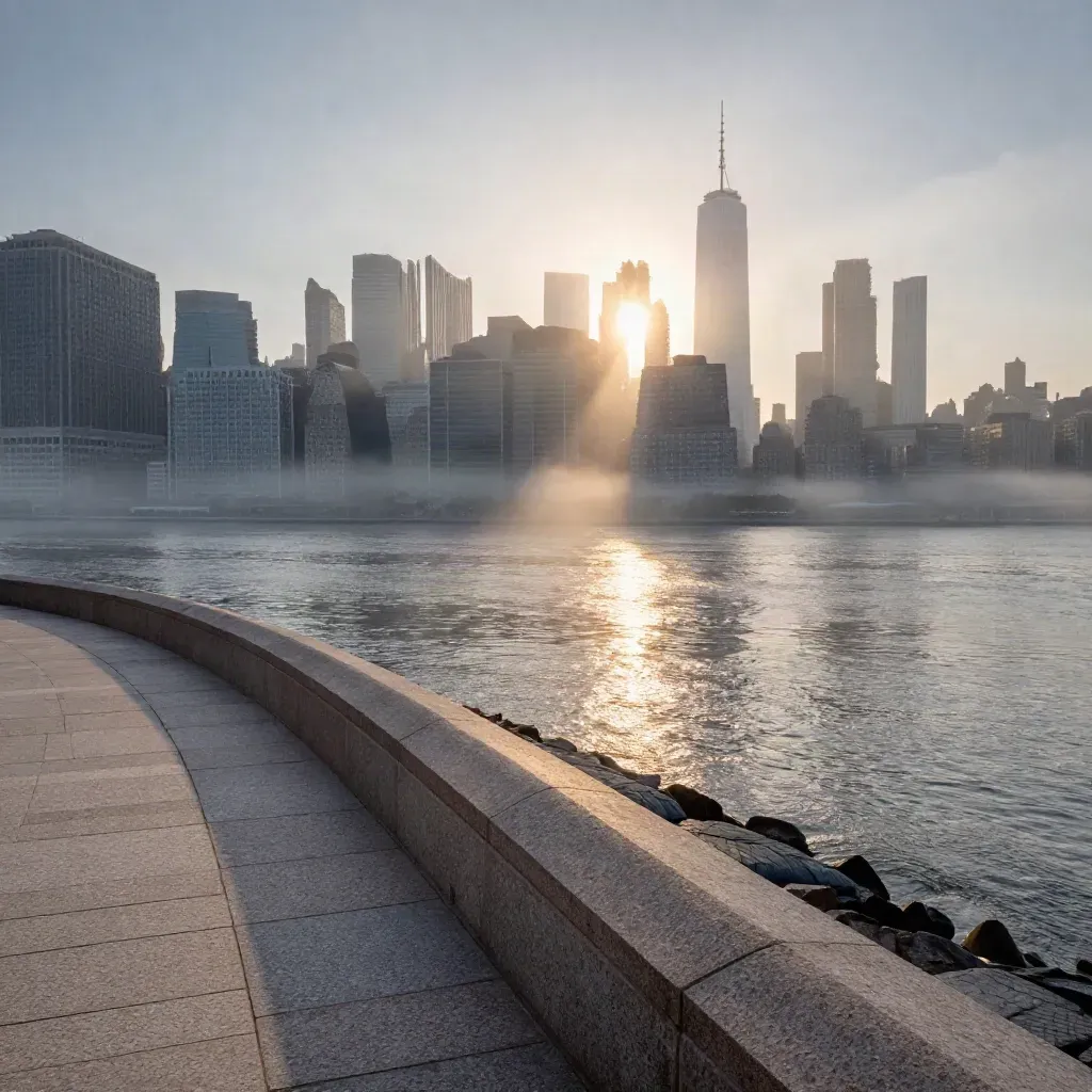 Mist-soft Lower Manhattan skyline above a pale stone terrace and calm harbor at sunrise.