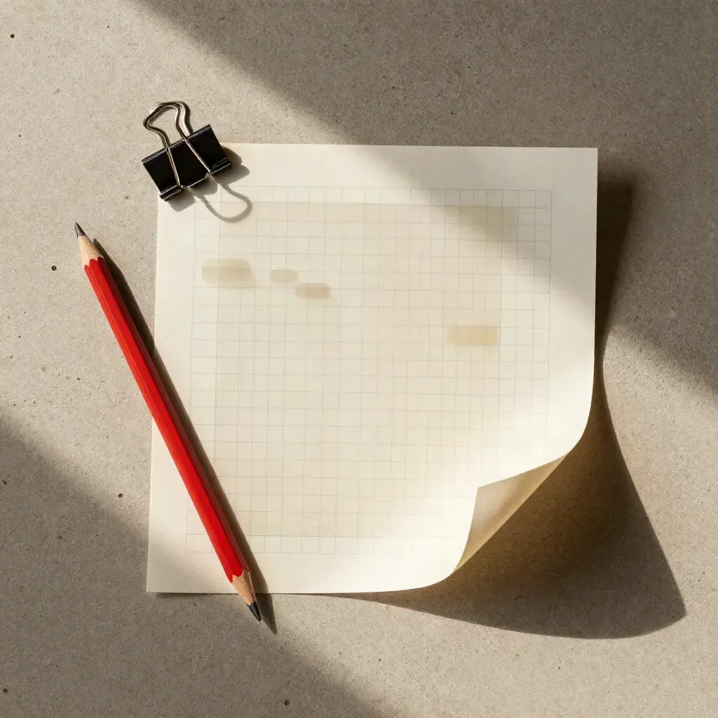 Overhead review flatlay with red pencil, paper clips, proof tabs and a marked draft bundle on stone.