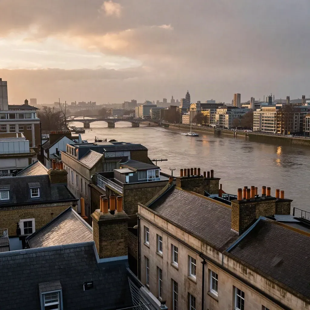 Twilight view of London rooftops, a bridge silhouette, and a still stone riverbank in haze.