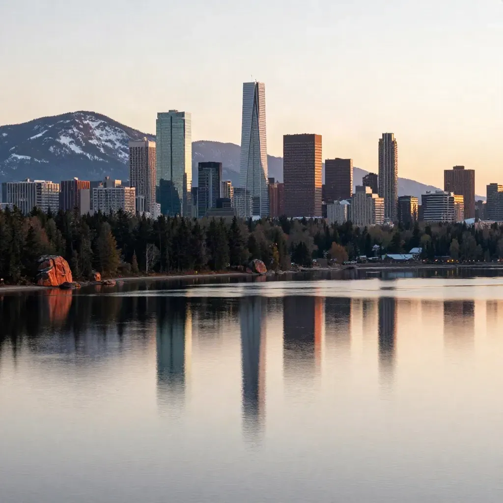 Dawn Canadian skyline mirrored in a pale lake beneath misty peaks and a calm water band