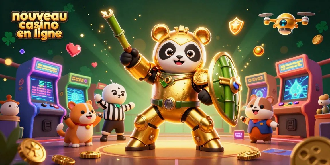 Célébrez la victoire dans un nouveau casino en ligne avec un panda doré et des éléments de jeu captivants.