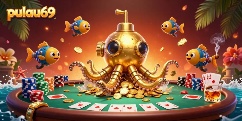Experience the excitement of pulau69 with a vibrant 3D casino scene featuring poker and golden coins.