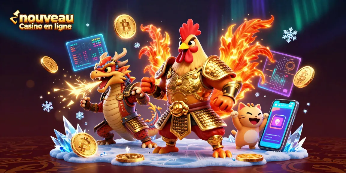 Le meilleur nouveau casino en ligne avec un guerrier coq et un dragon, plein de pièces de crypto et d'effets lumineux.