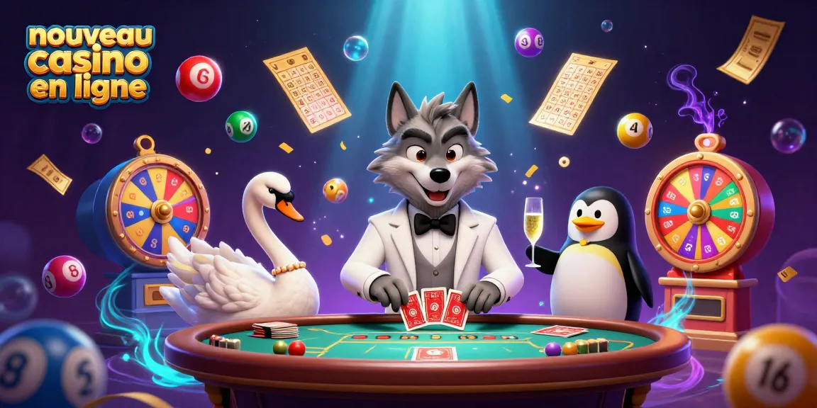 Illustration de casino en ligne nouvelle avec un loup, un cygne et un pingouin animés à une table de baccarat.