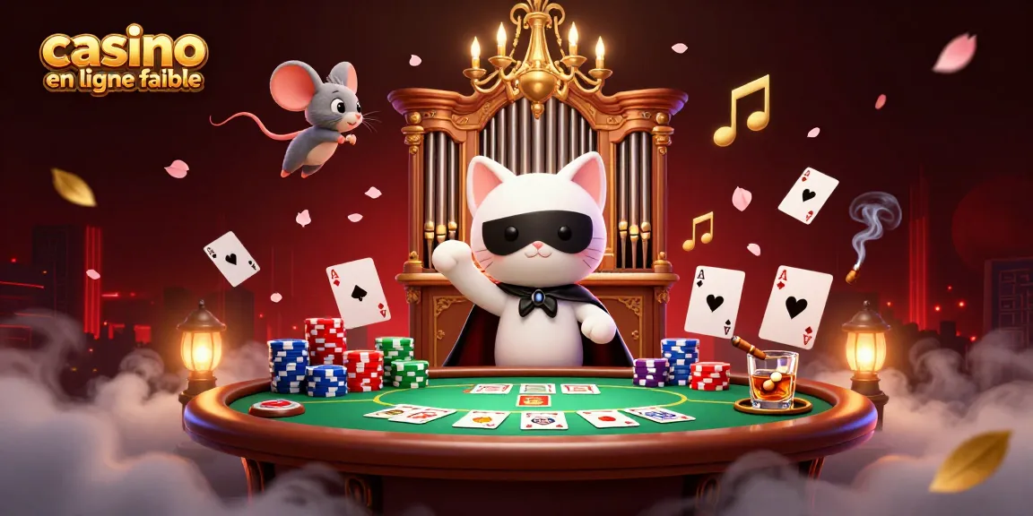 Jouer au casino en ligne fiable avec une illustration captivante d'un chat fantôme et acrobates.