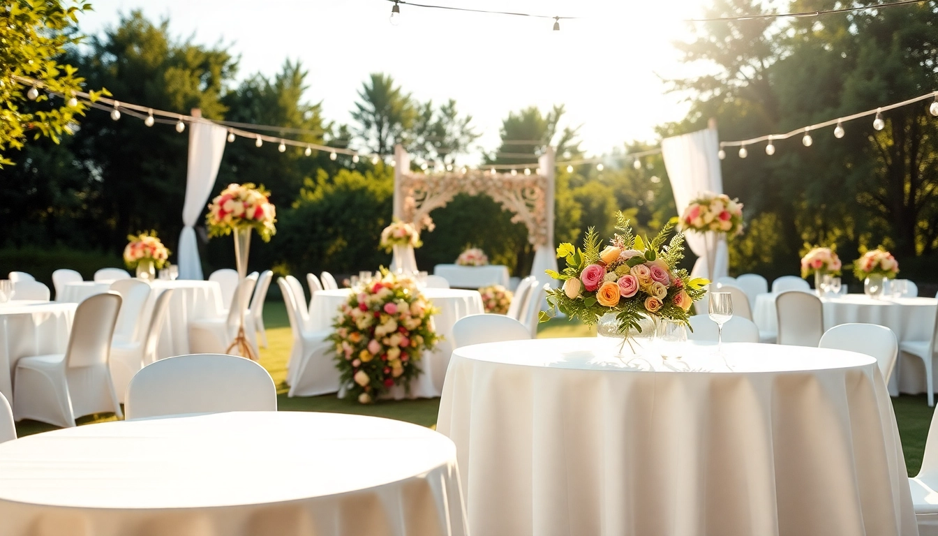 Stunning outdoor wedding & event rentals setup with elegant decor and vibrant flowers.