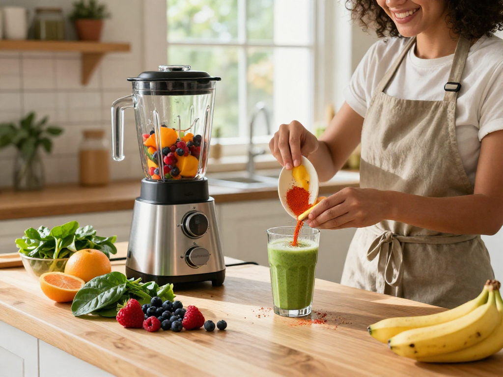 Vegan astaxanthin smoothie preparation with fresh fruits and sunny kitchen vibes.