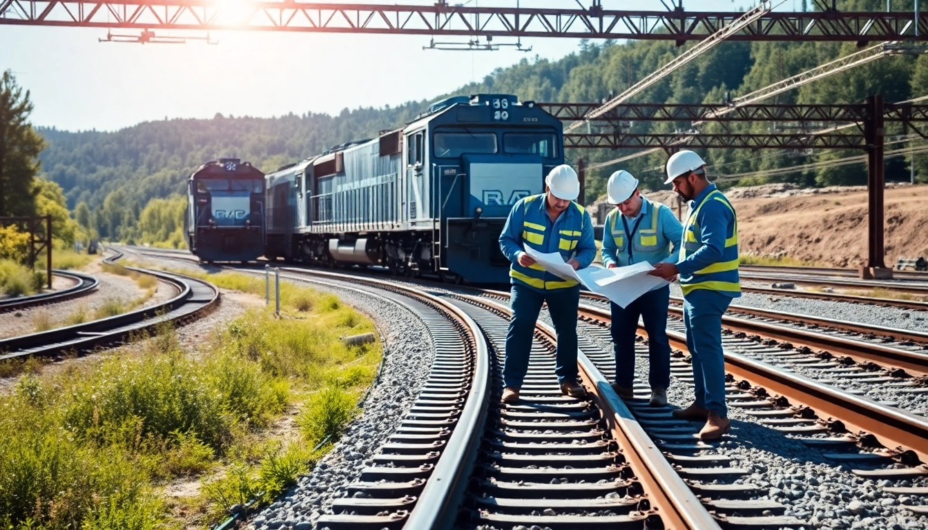 Rail infrastructure team collaborating on north american rail solutions design while analyzing blueprints.