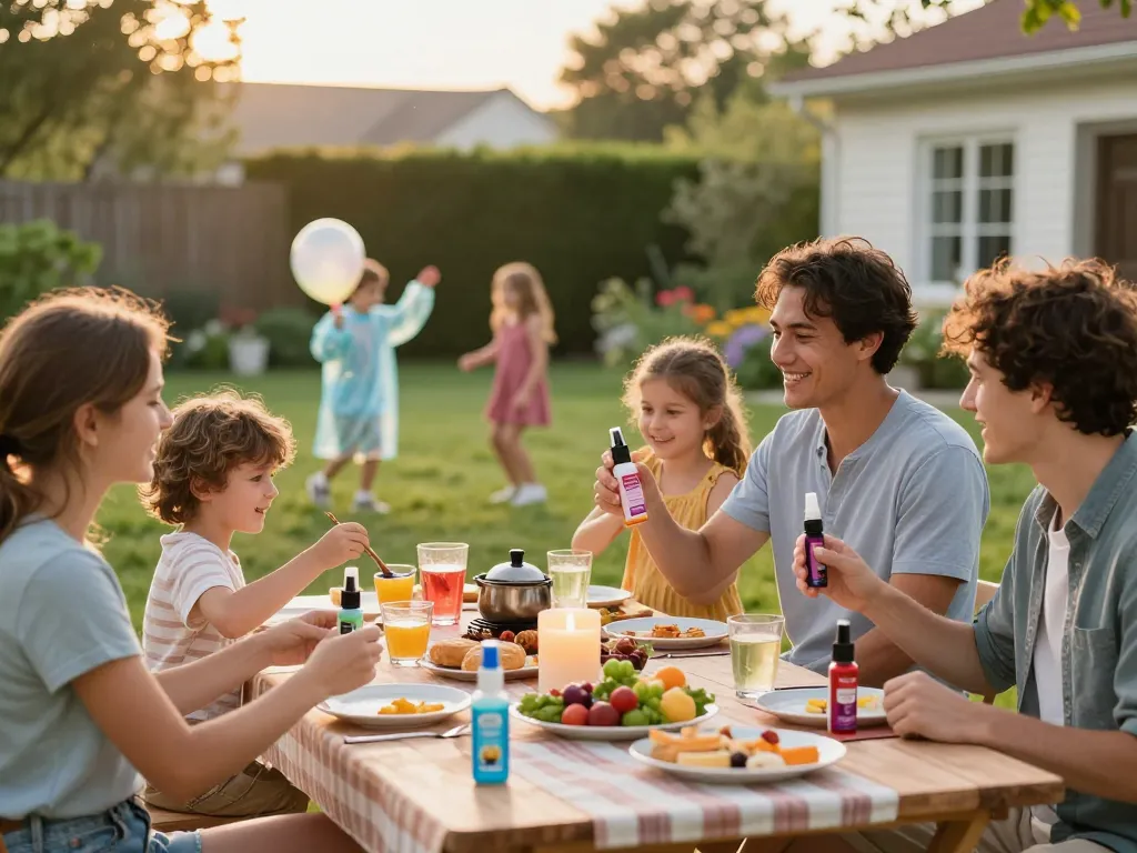Family enjoying a summer barbecue with various mosquito repellent products visible, ensuring a bug-free outdoor experience.