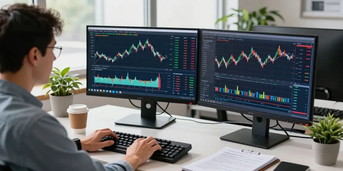 Cotton futures data feed analysis by a forex developer in a modern trading office.