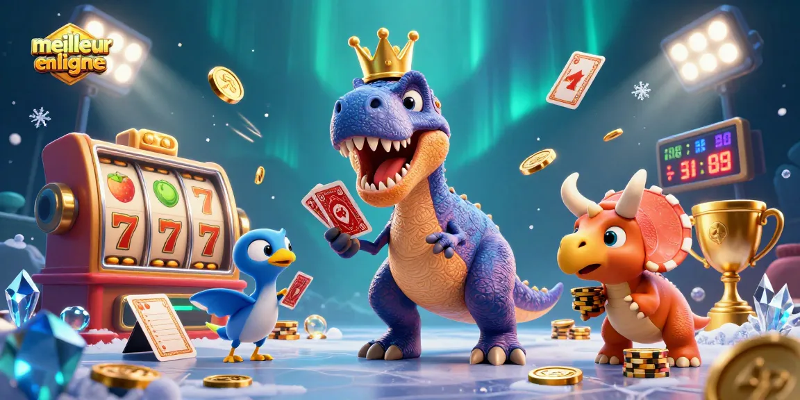 Jouer au meilleur casino en ligne avec des personnages animés comme un T-Rex distribuant des cartes et un tricératops empilant des jetons d'or.