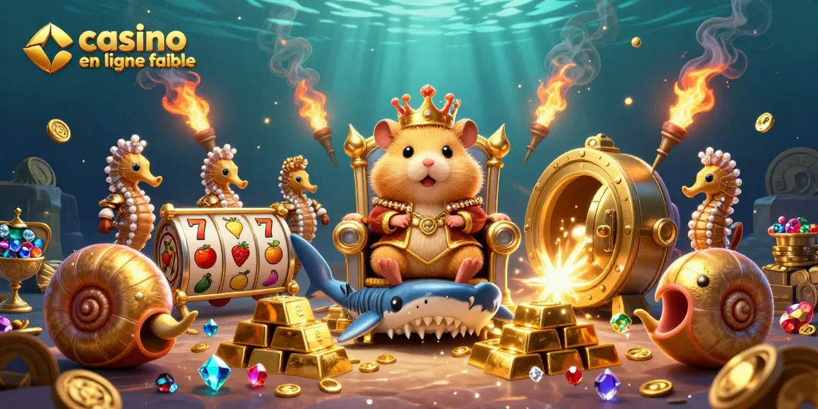 Le hamster roi en or sur son trône, entouré de gardes hippocampes, évoquant un casino en ligne fiable.