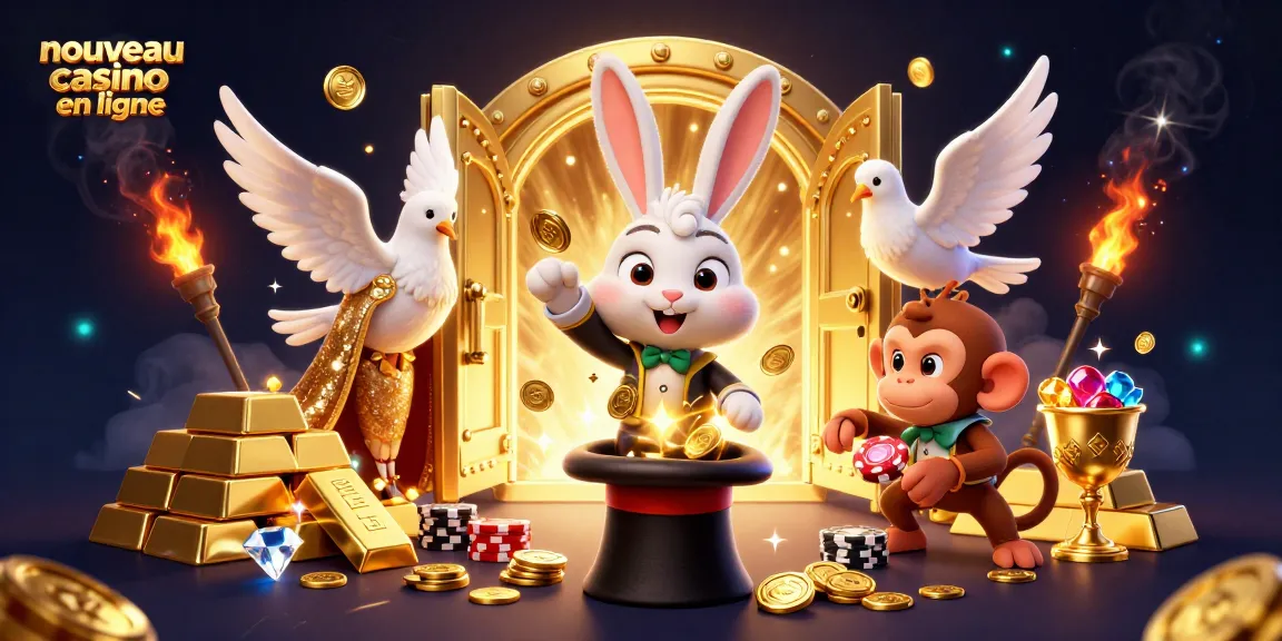 Lancez votre chance dans le nouveau casino en ligne avec des médailles dorées, un magicien et des cartes de poker.