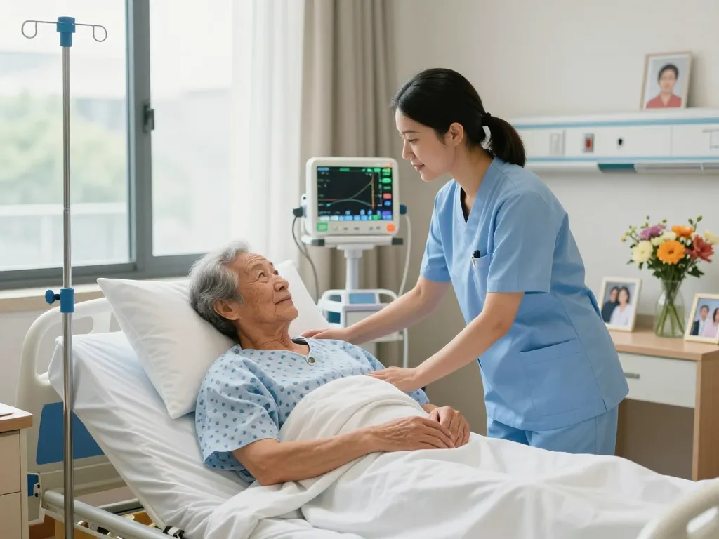 giường bệnh nhân in a comforting hospital scene with a caring nurse assisting an elderly patient