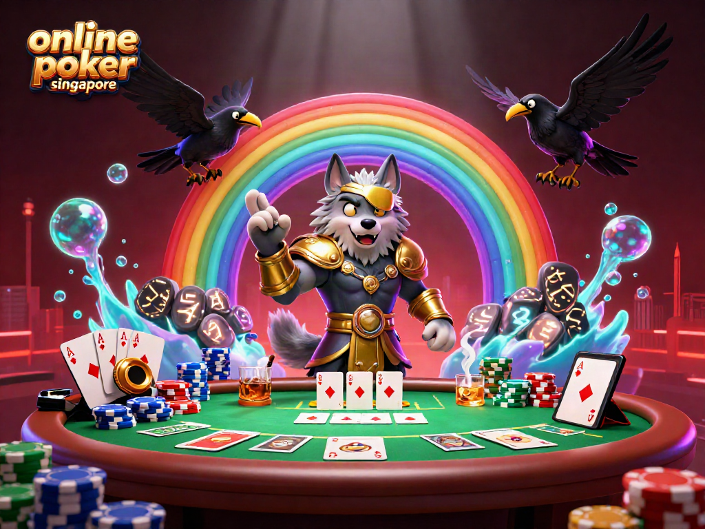 Experience thrilling online poker singapore with a vibrant casino scene featuring poker tables and chip towers.