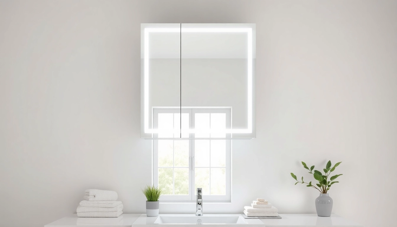 Explore a stylish mirrored bathroom cabinet with light showcasing sleek design and elegant illumination.