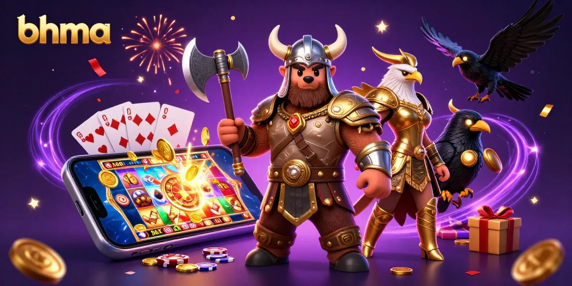 Engage with bhma's vibrant casino scene featuring a Viking bear, Valkyrie eagle, and dynamic gaming elements.