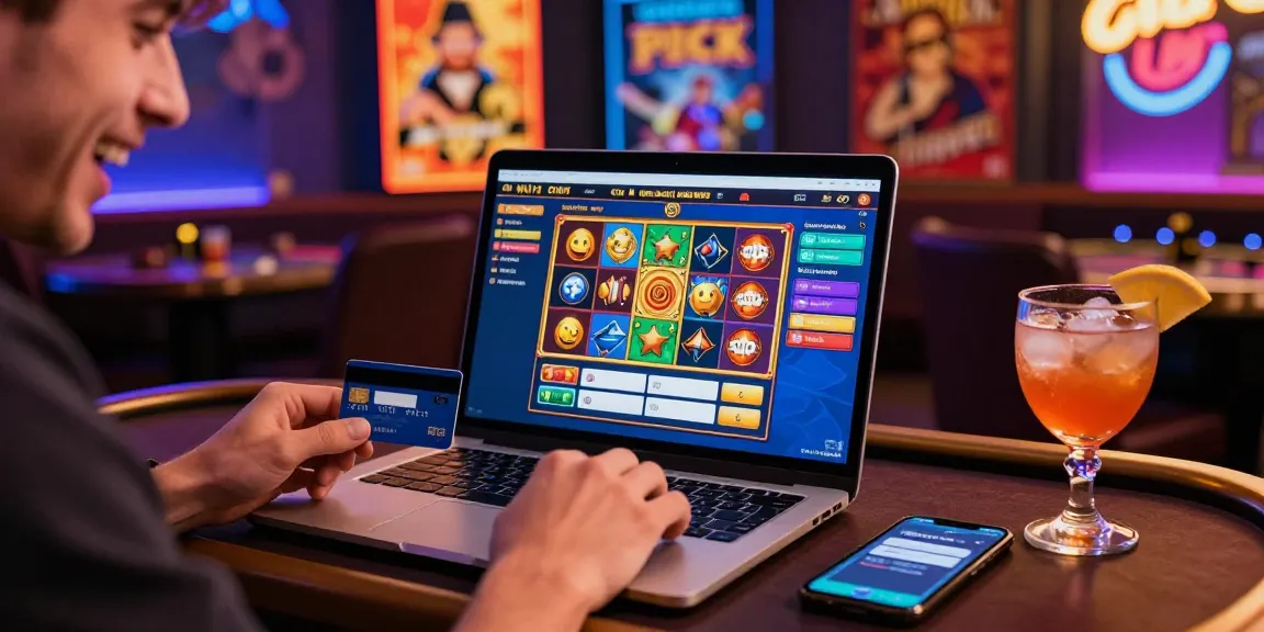 Player engaged in credit card casinos gameplay with colorful game interface and vibrant atmosphere.