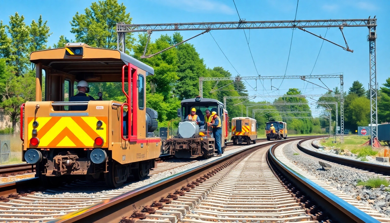 Workers providing expert Railroa Maintenance Services on a railway site, showcasing machinery and teamwork.