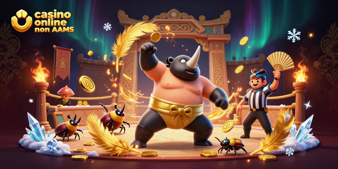 Un rinoceronte fighte su un ring di casinò online non AAMS lanciando monete dorate mentre refertano un grillo in abbigliamento tradizionale.