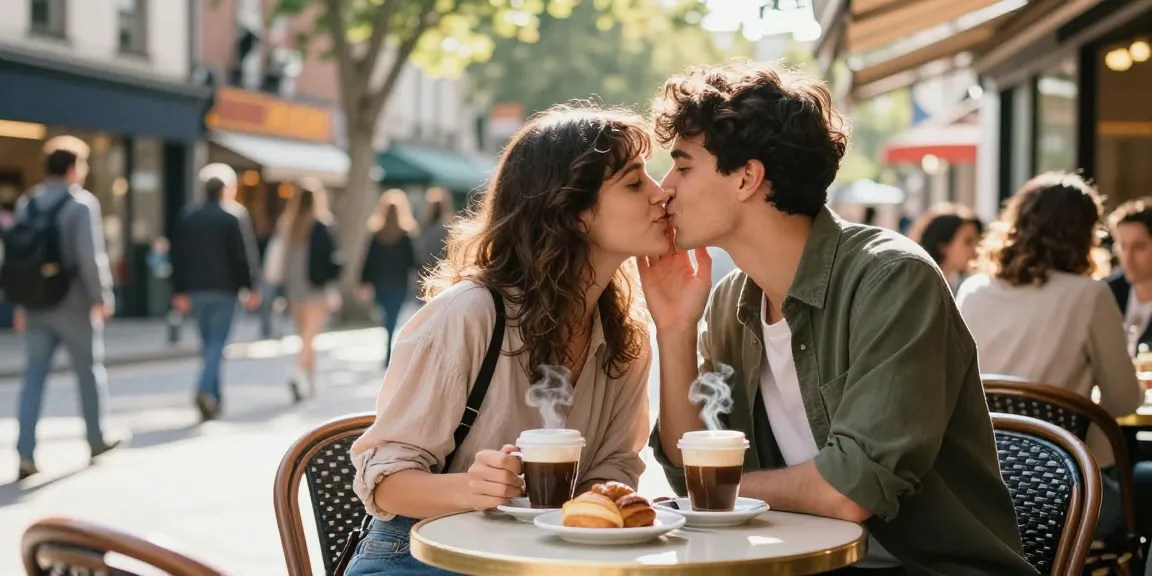 Young couple sharing a moment over coffee, capturing the feeling of having a crush on each other in a vibrant city.