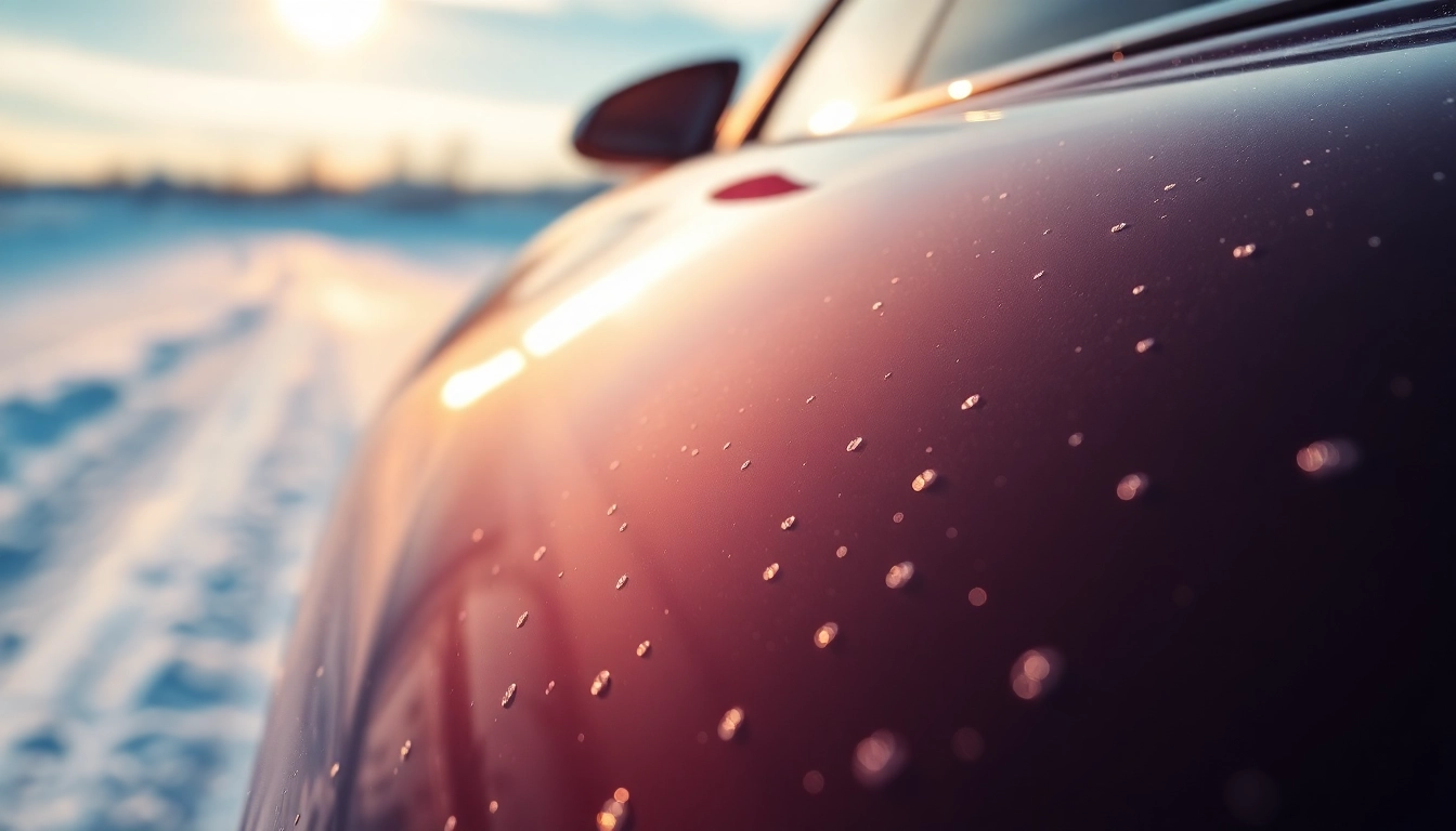 PPF winter road salt protection displayed on a glossy vehicle against snowy background.