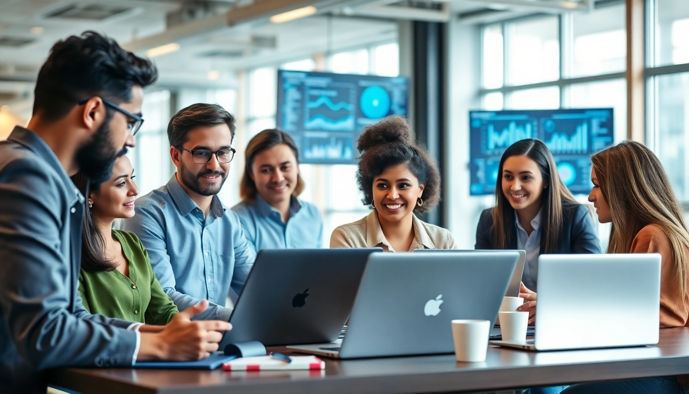 Find managed IT services near me with a professional tech team collaborating in a bright office.