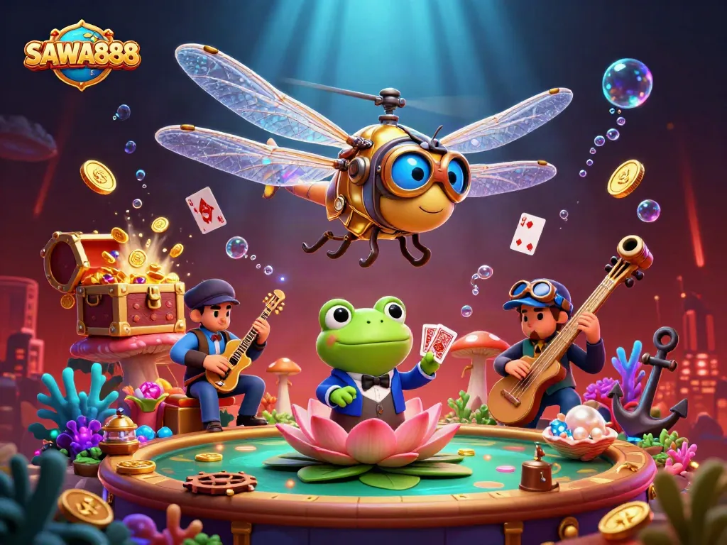 Engage with SAWA888's thrilling casino experience amidst vibrant characters and dynamic gambling elements.