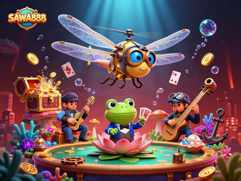 Engage with SAWA888's thrilling casino experience amidst vibrant characters and dynamic gambling elements.