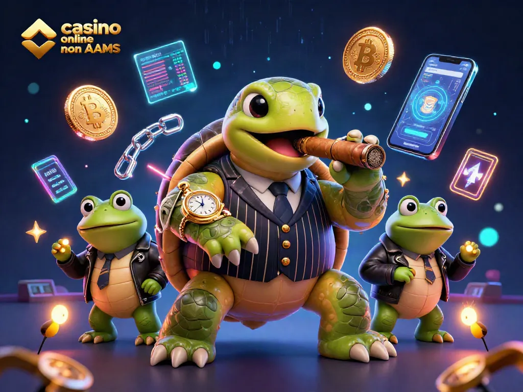 Giocare nei casino online non AAMS con una tartaruga gangster e rane armate, circondati da monete crypto e giochi d'azzardo.