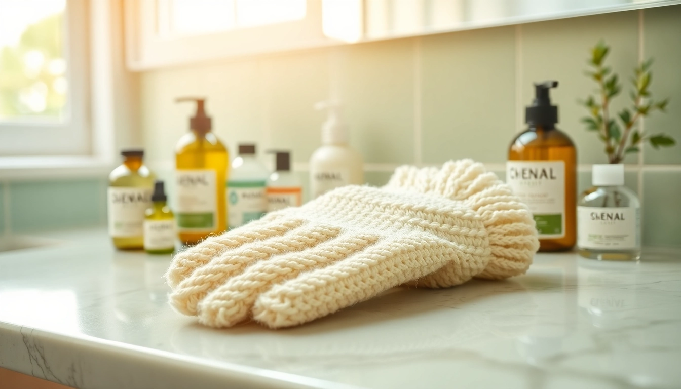 Enhance your skincare routine with a natural hand loofah glove, showcasing its unique texture and design.