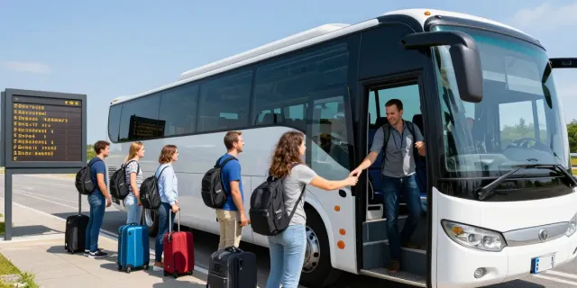 Transport Moldova Germania: Pasageri îmbarcându-se în autobuz modern pentru călătorie în siguranță spre Germania.
