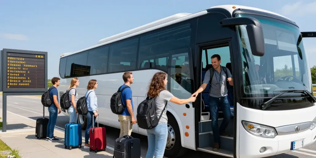 Transport Moldova Germania: Pasageri îmbarcându-se în autobuz modern pentru călătorie în siguranță spre Germania.