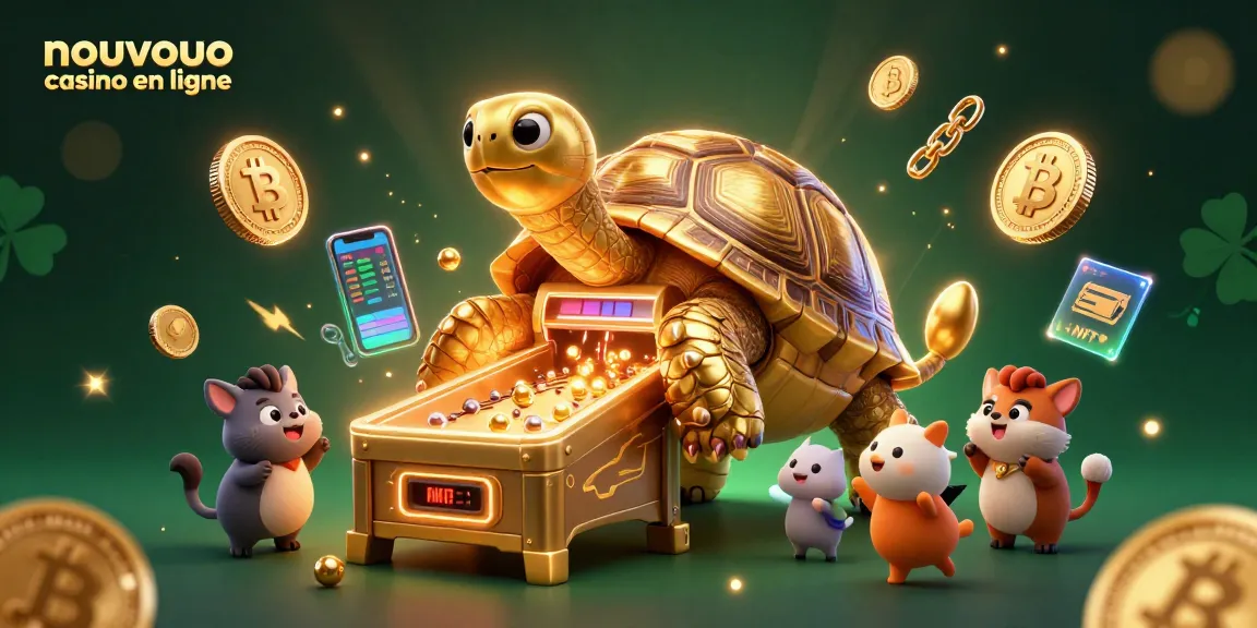 Une scène pleine de vie illustrant le nouveau casino en ligne avec une tortue dorée en 3D et des éléments crypto.