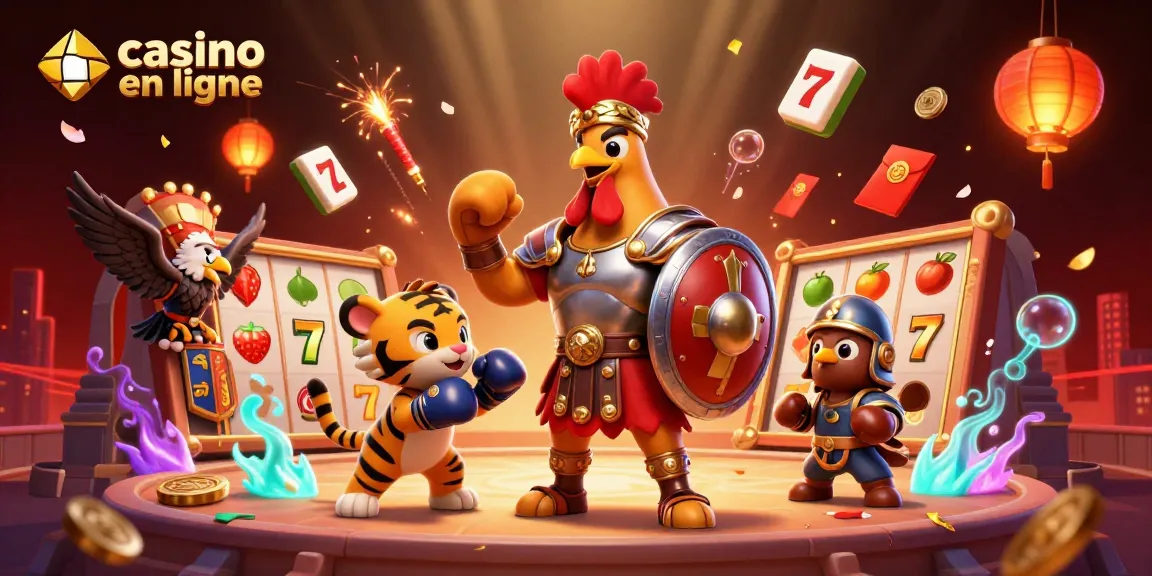 Jouer au casino en ligne avec des machines à sous et un combat animé entre un coq gladiateur et un tigre.