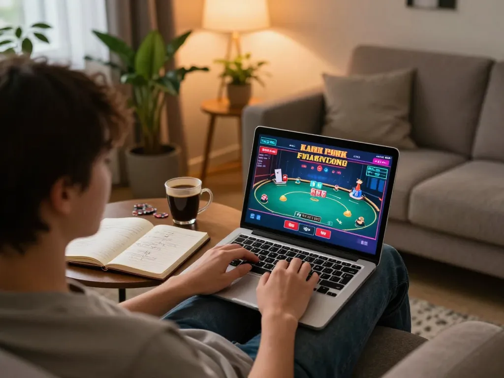 Engaging scene of casino non aams per italiani player using laptop for online gambling at home, showcasing strategy notes.