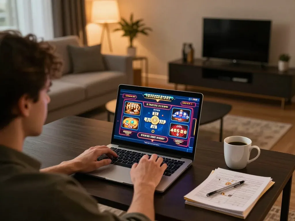 Engaged player diving into the world of casino online esteri with laptop showcasing vibrant gaming interface
