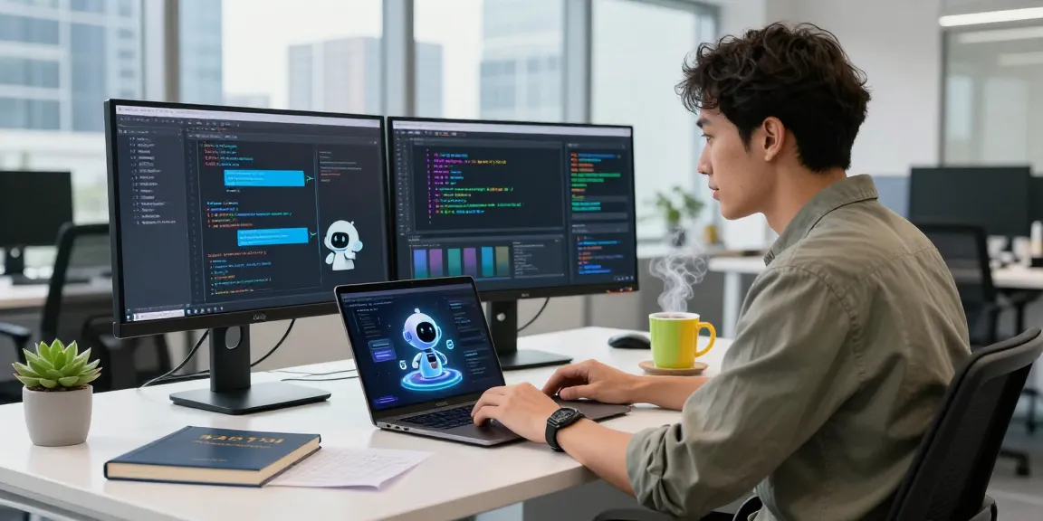 Creative workspace with a developer coding AI applications, showcasing spicy ai technologies and urban ambiance.